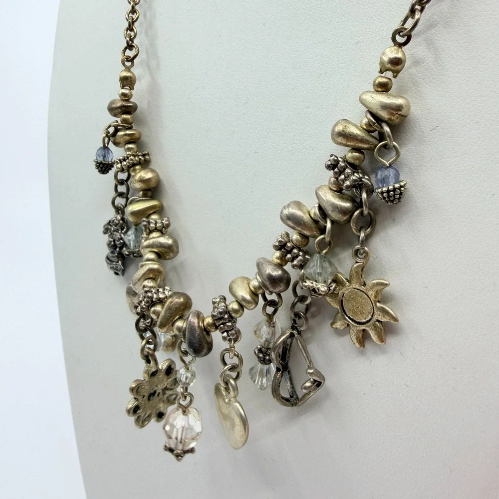 Vintage Silver Tone Multi Charm Necklace Sun Heart Butterfly Celestial Bead Boho